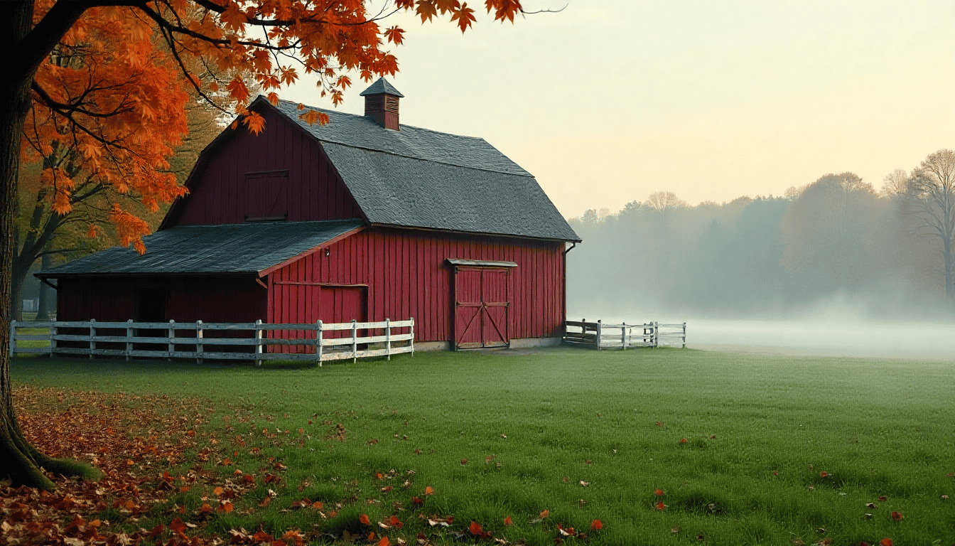 A serene sunrise over a picturesque farm with rolling fields and barns.