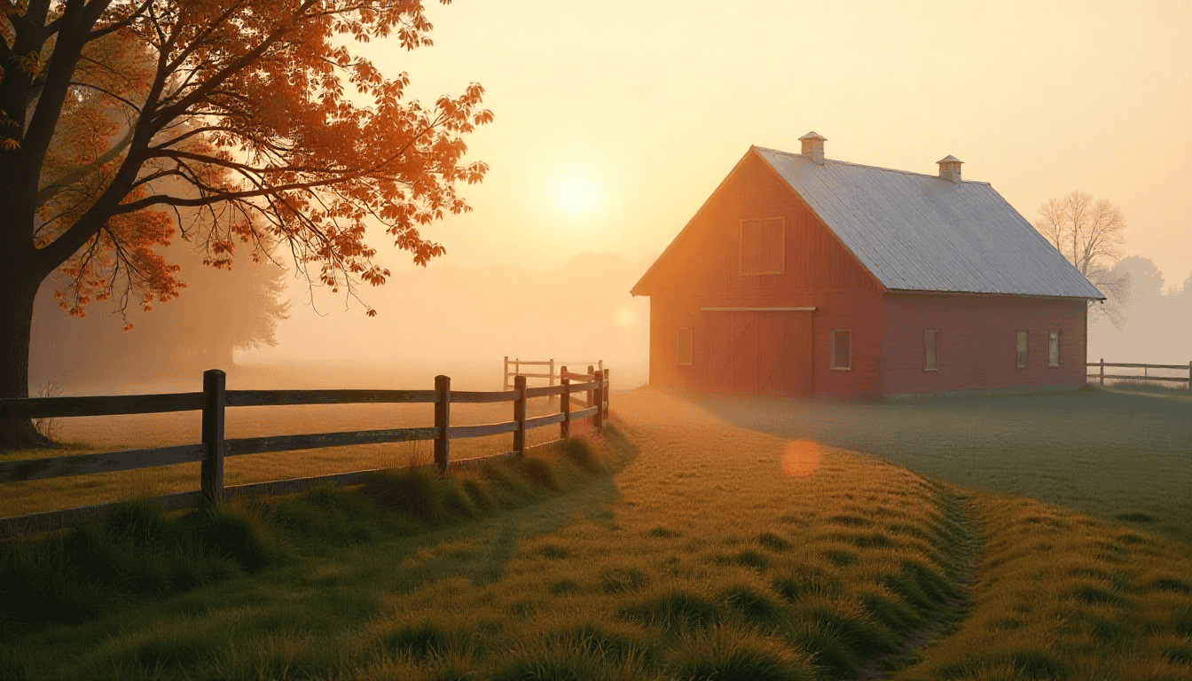 A vibrant farm scene with fields, barns, and happy livestock.